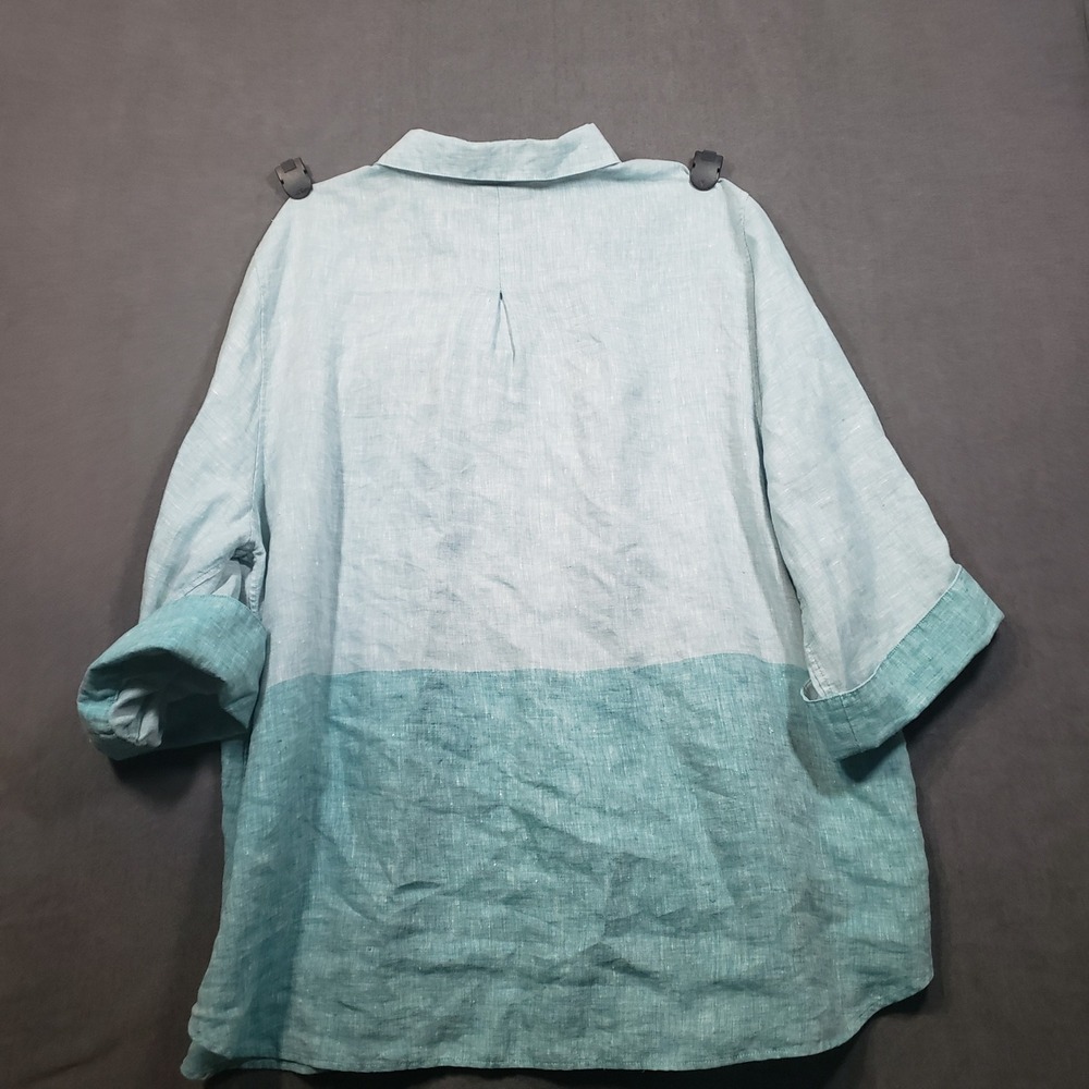 Chico's Button Down Shirt Womens 4/20 Blue Teal Linen Colorblock No Iron Top - Picture 2 of 9